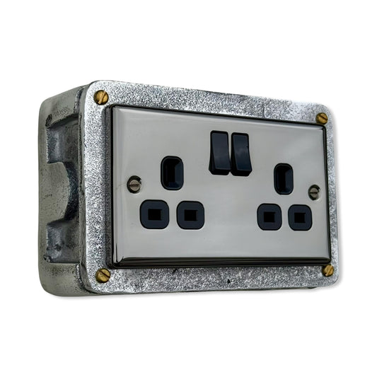 Double Mirror Finish 230V 13A 2 Gang 2G Socket Solid Cast Metal Conduit Switch Industrial 2 Way - BS EN Approved Vintage 1950’s Style