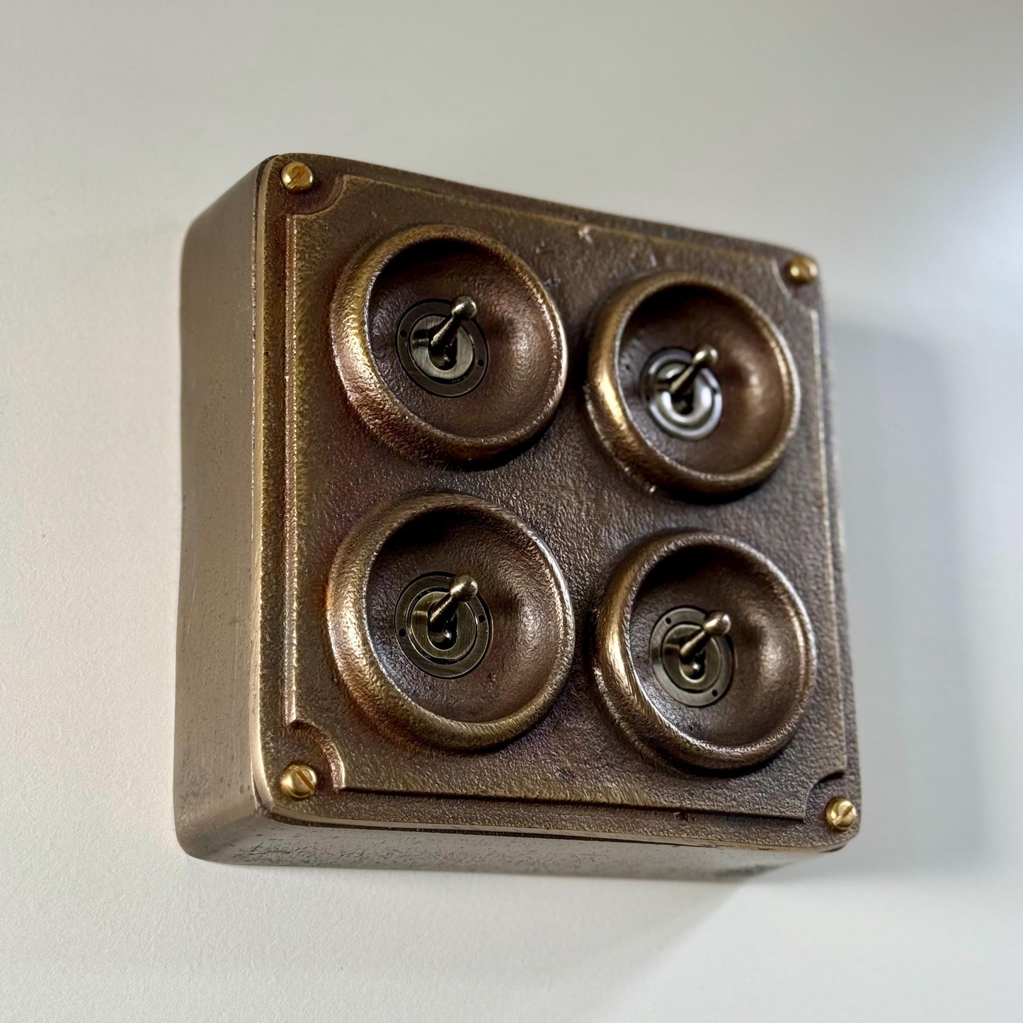4 Gang 2 Way Solid Antique Brass Bronze Metal Conduit Light Switch Industrial - BS EN Approved Vintage Crabtree 1950’s Style