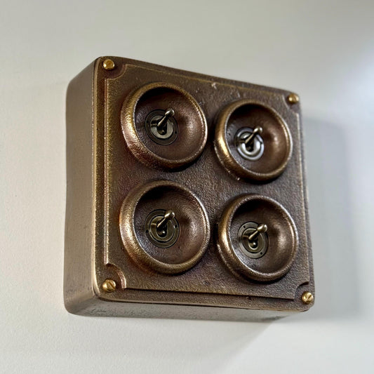 4 Gang 2 Way Solid Antique Brass Bronze Metal Conduit Light Switch Industrial - BS EN Approved Vintage Crabtree 1950’s Style