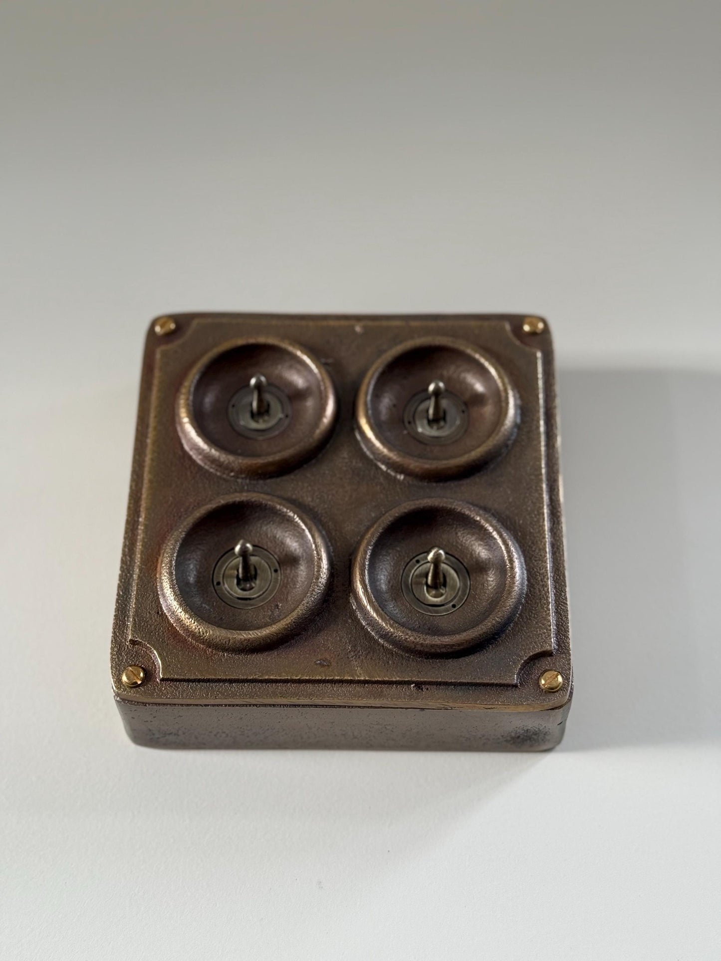 4 Gang 2 Way Solid Antique Brass Bronze Metal Conduit Light Switch Industrial - BS EN Approved Vintage Crabtree 1950’s Style
