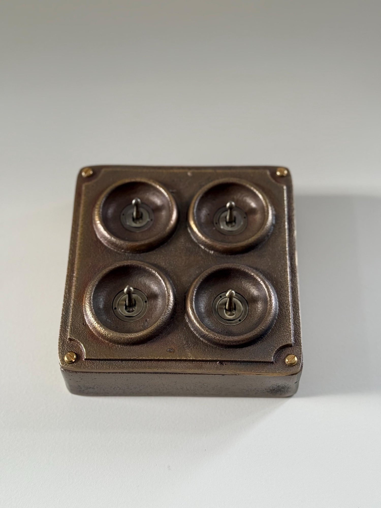 4 Gang 2 Way Solid Antique Brass Bronze Metal Conduit Light Switch Industrial - BS EN Approved Vintage Crabtree 1950’s Style