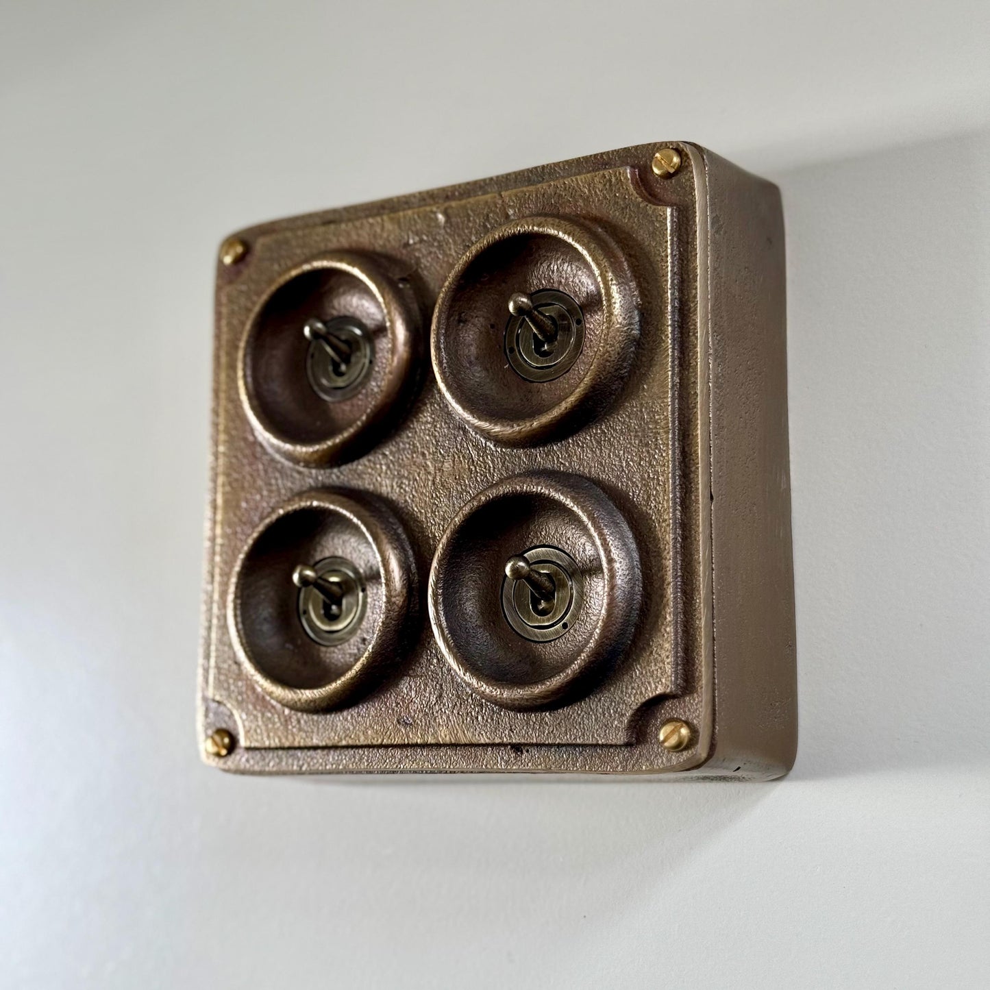 4 Gang 2 Way Solid Antique Brass Bronze Metal Conduit Light Switch Industrial - BS EN Approved Vintage Crabtree 1950’s Style