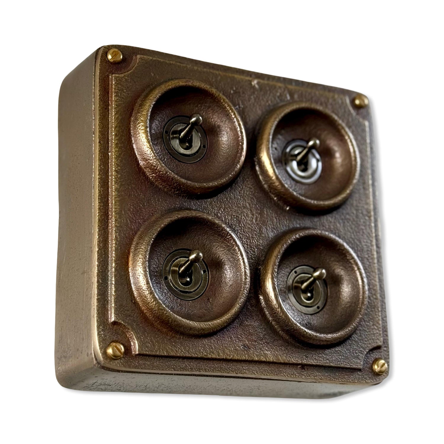 4 Gang 2 Way Solid Antique Brass Bronze Metal Conduit Light Switch Industrial - BS EN Approved Vintage Crabtree 1950’s Style