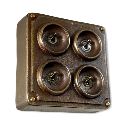4 Gang 2 Way Solid Antique Brass Bronze Metal Conduit Light Switch Industrial - BS EN Approved Vintage Crabtree 1950’s Style