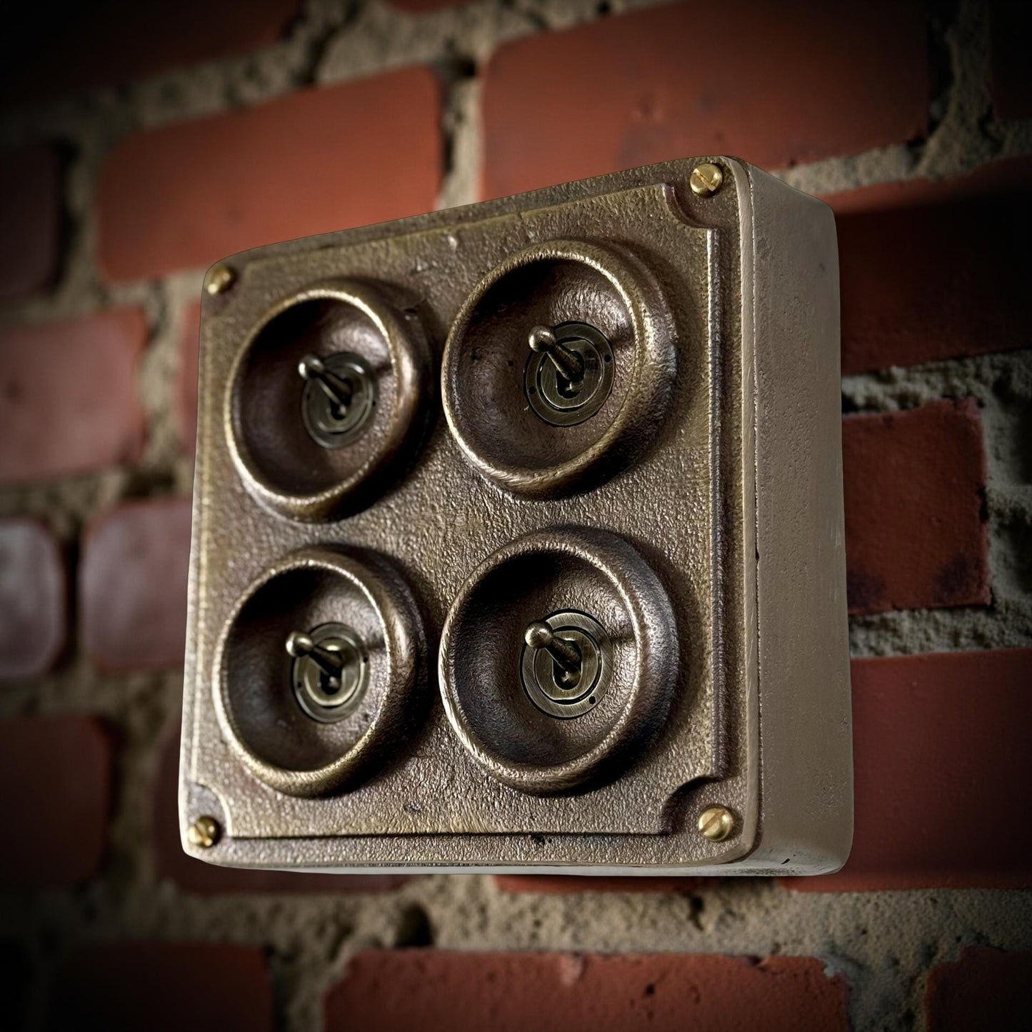 4 Gang 2 Way Solid Antique Brass Bronze Metal Conduit Light Switch Industrial - BS EN Approved Vintage Crabtree 1950’s Style