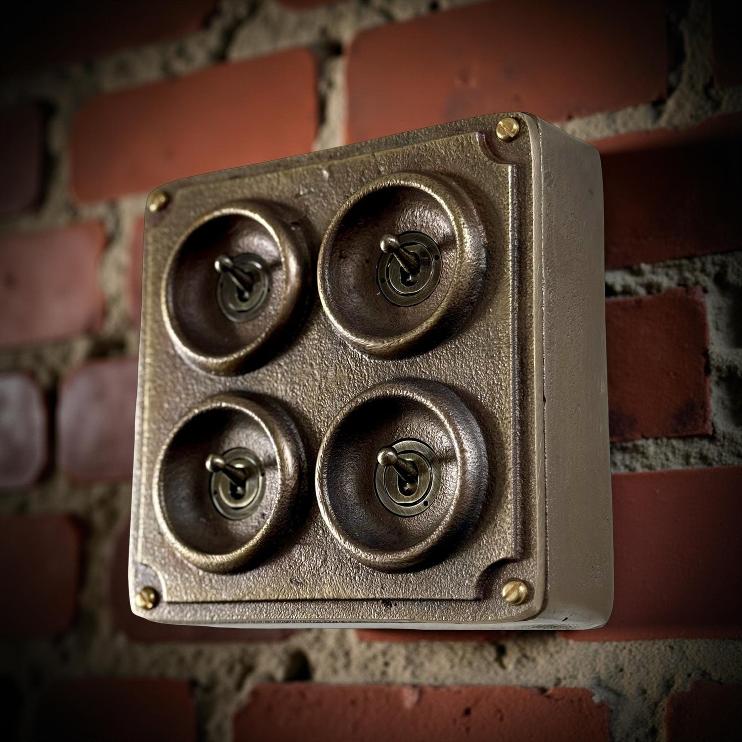 4 Gang 2 Way Solid Antique Brass Bronze Metal Conduit Light Switch Industrial - BS EN Approved Vintage Crabtree 1950’s Style