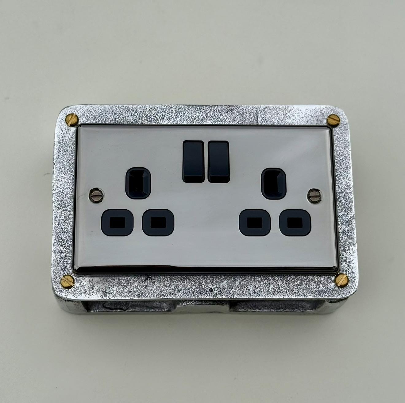 Double Mirror Finish 230V 13A 2 Gang 2G Socket Solid Cast Metal Conduit Switch Industrial 2 Way - BS EN Approved Vintage 1950’s Style