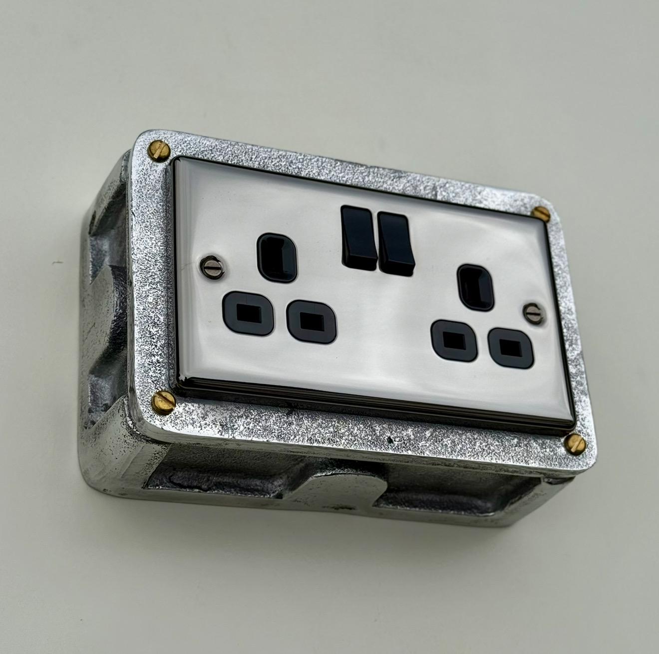 Double Mirror Finish 230V 13A 2 Gang 2G Socket Solid Cast Metal Conduit Switch Industrial 2 Way - BS EN Approved Vintage 1950’s Style