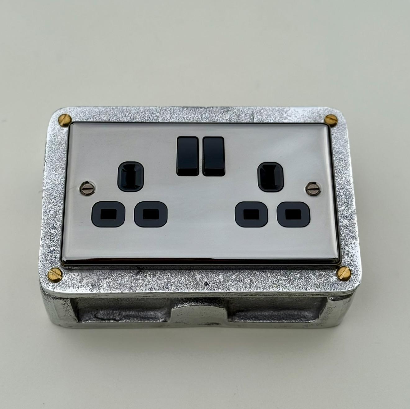 Double Mirror Finish 230V 13A 2 Gang 2G Socket Solid Cast Metal Conduit Switch Industrial 2 Way - BS EN Approved Vintage 1950’s Style