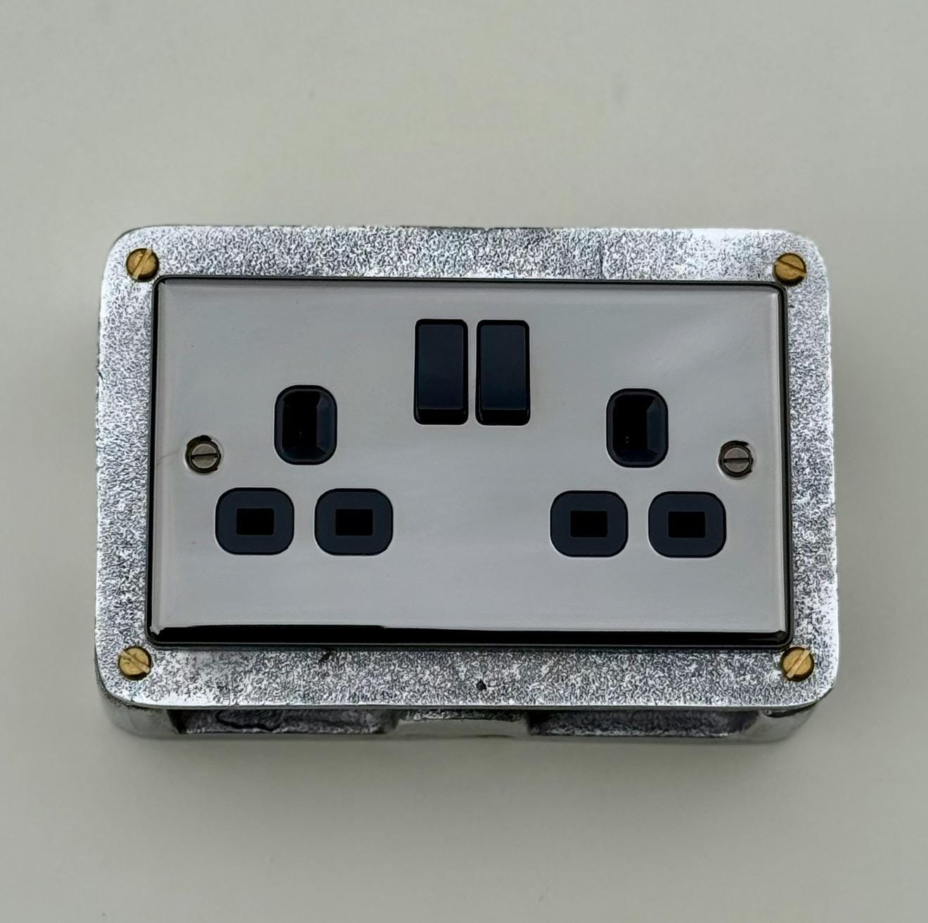 Double Mirror Finish 230V 13A 2 Gang 2G Socket Solid Cast Metal Conduit Switch Industrial 2 Way - BS EN Approved Vintage 1950’s Style