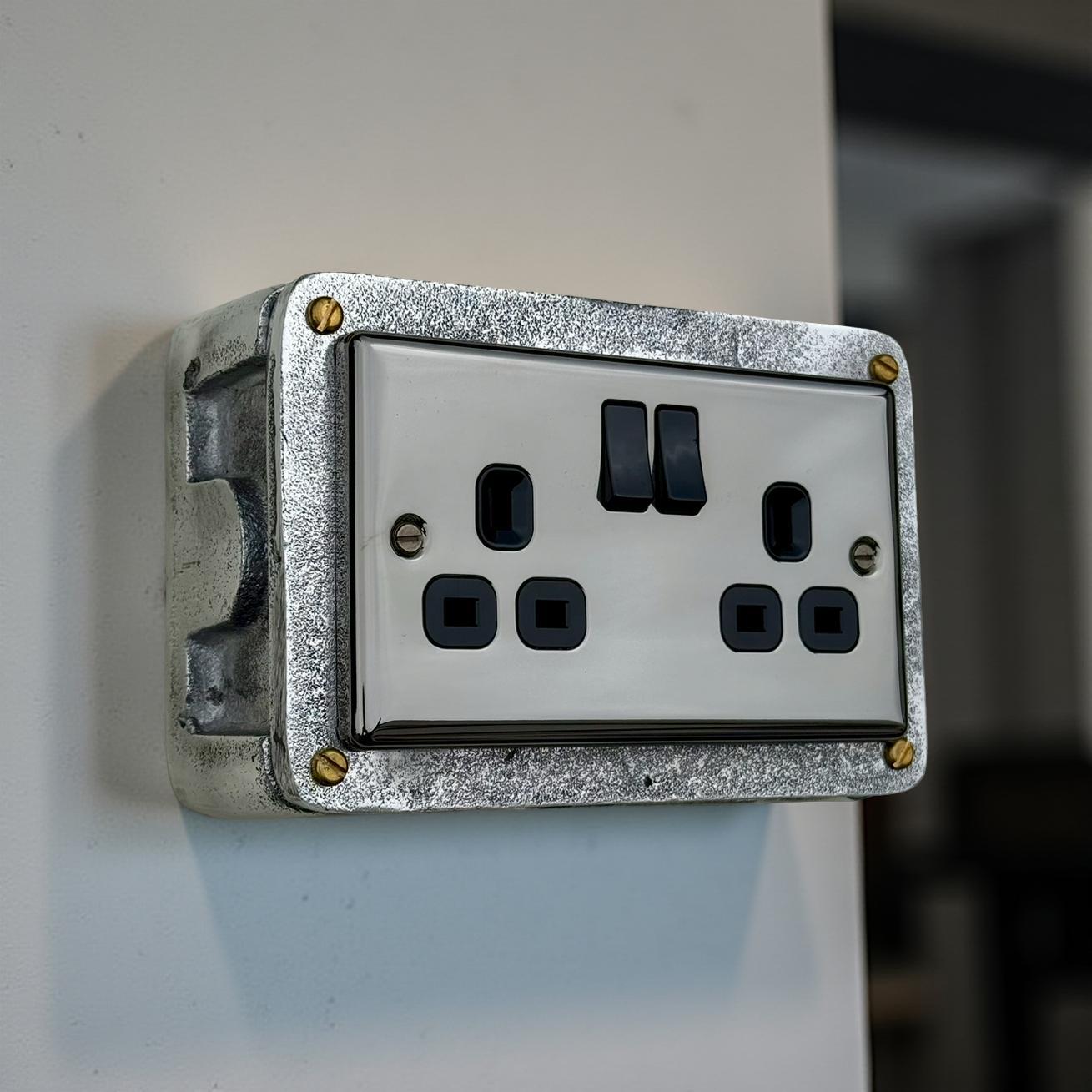 Double Mirror Finish 230V 13A 2 Gang 2G Socket Solid Cast Metal Conduit Switch Industrial 2 Way - BS EN Approved Vintage 1950’s Style