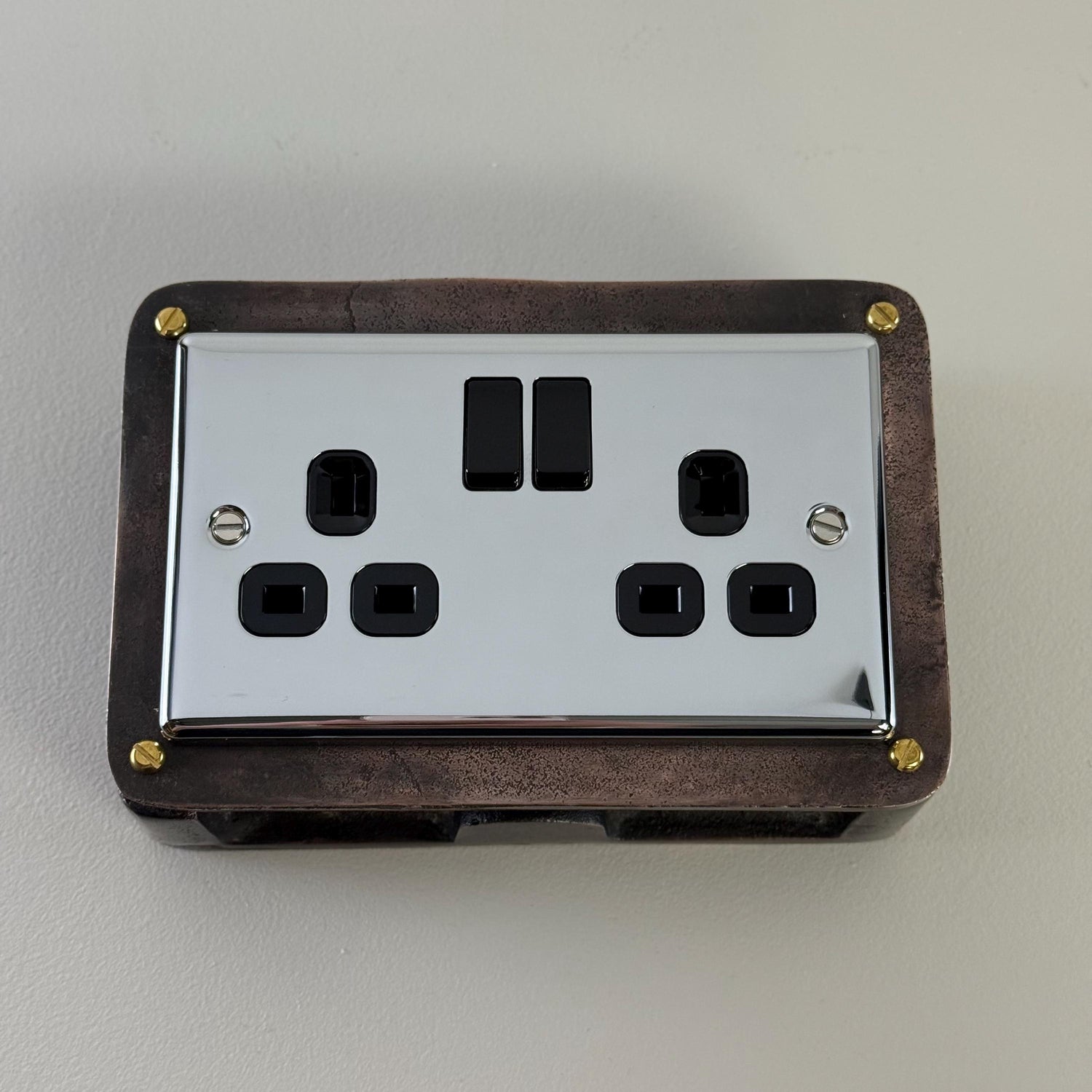 Chrome Mirror Finish Double Gang Plug Socket with Industrial Antique Copper Back Conduit Box