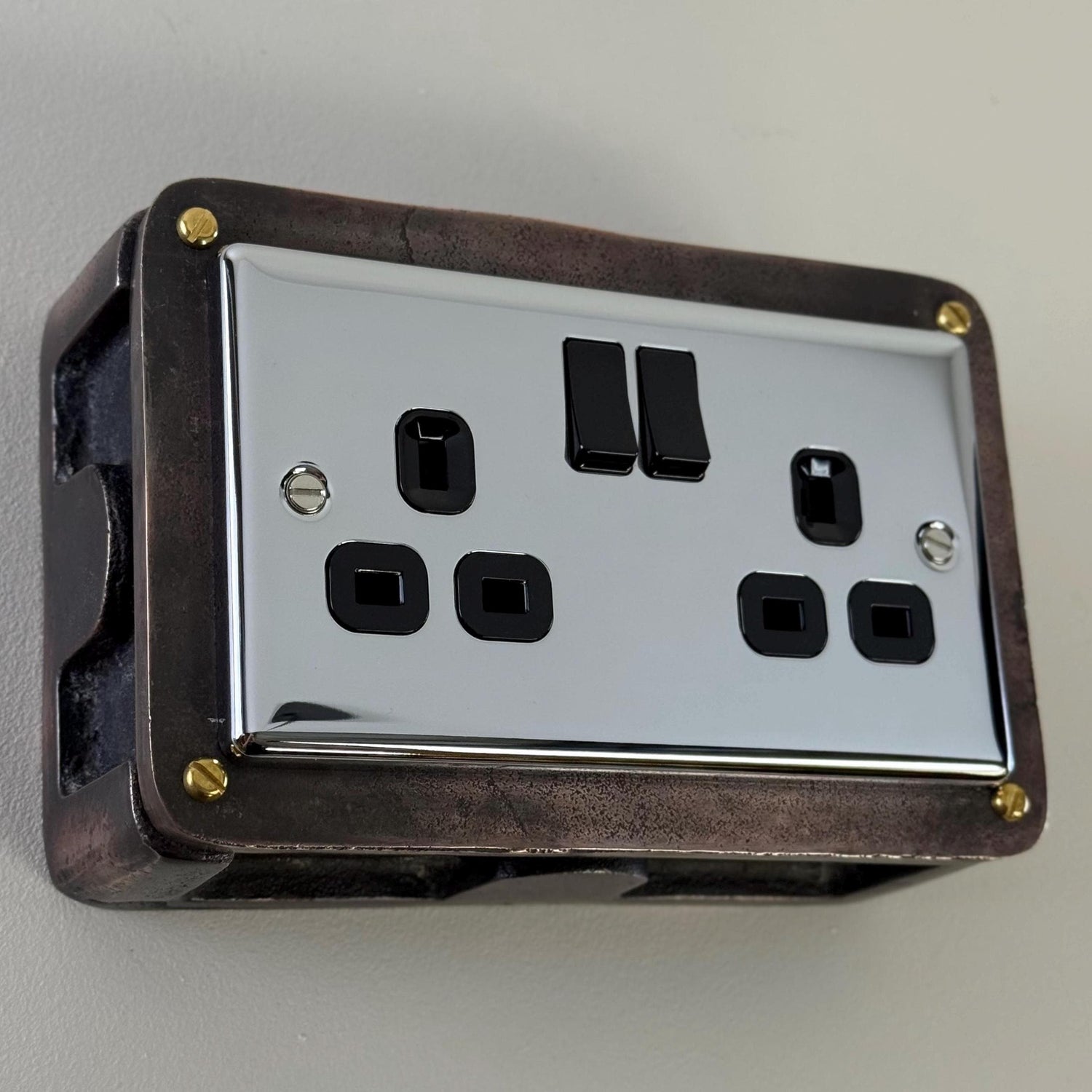 Chrome Mirror Finish Double Gang Plug Socket with Industrial Antique Copper Back Conduit Box