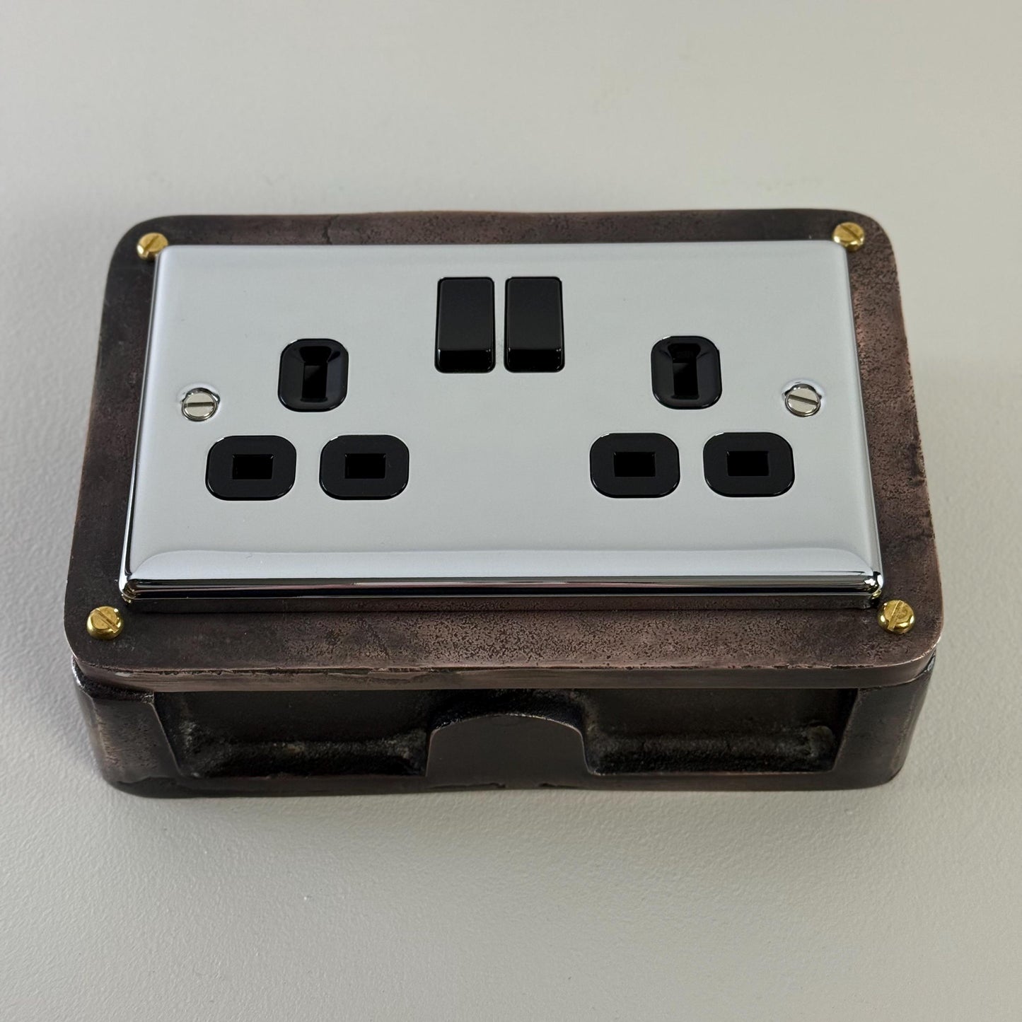 Chrome Mirror Finish Double Gang Plug Socket with Industrial Antique Copper Back Conduit Box