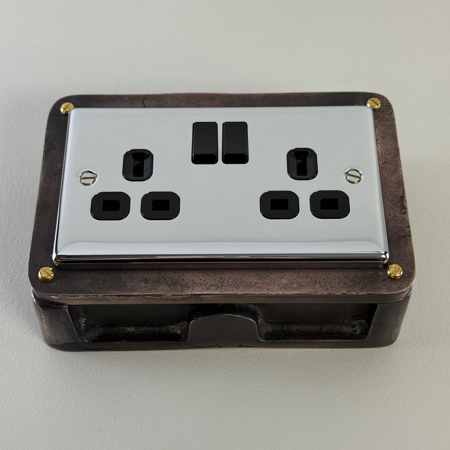 Chrome Mirror Finish Double Gang Plug Socket with Industrial Antique Copper Back Conduit Box