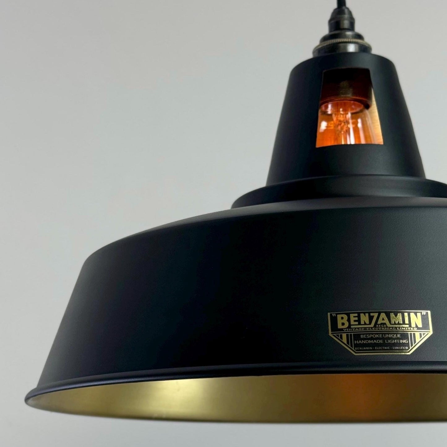 Wolferton XL ~ Matt Black & Brass Lampshade Coolie Design Pendant Ceiling Light ~ 15.5 Inch