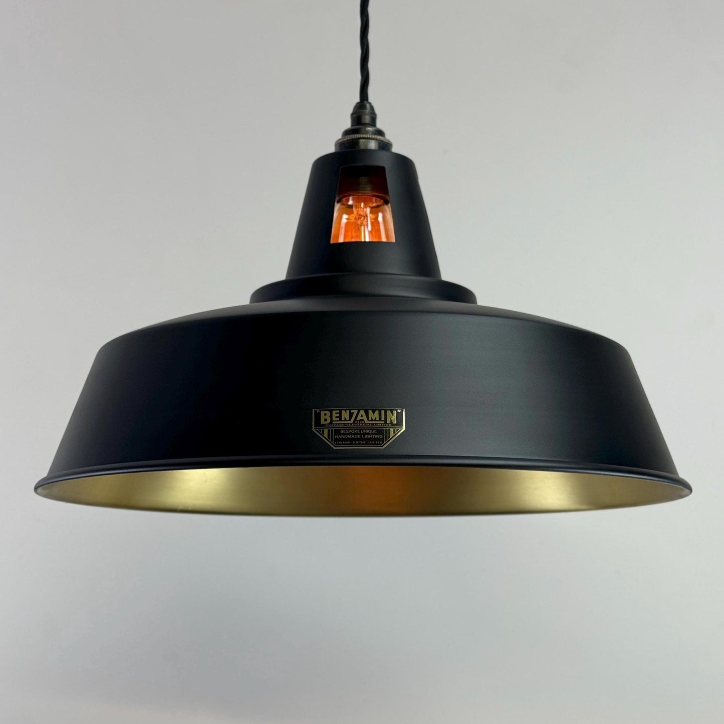 Wolferton XL ~ Matt Black & Brass Lampshade Coolie Design Pendant Ceiling Light ~ 15.5 Inch