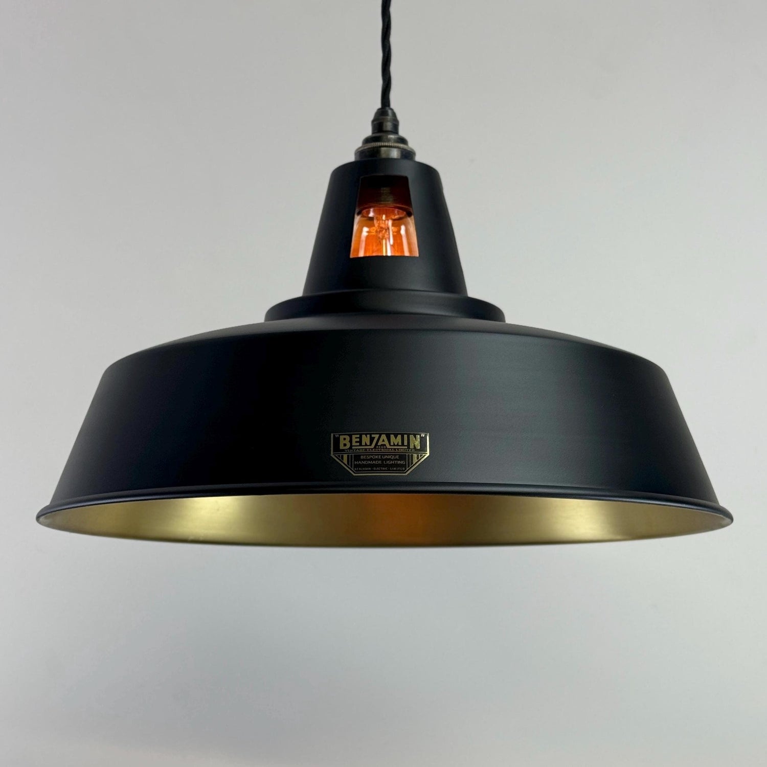 Wolferton XL ~ Matt Black & Brass Lampshade Coolie Design Pendant Ceiling Light ~ 15.5 Inch