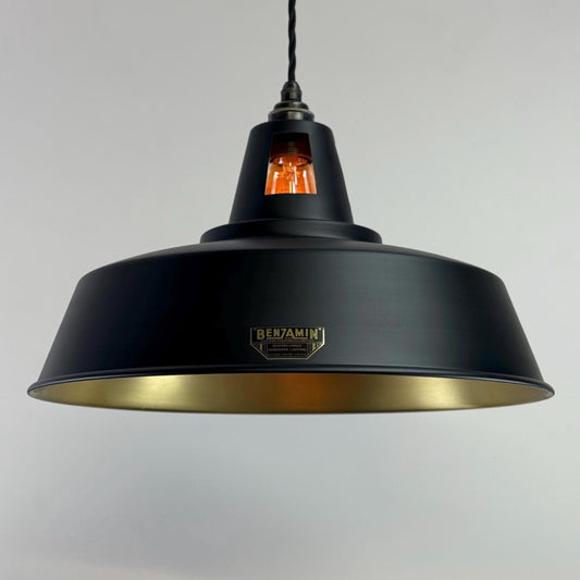 Wolferton XL ~ Matt Black & Brass Lampshade Coolie Design Pendant Ceiling Light ~ 15.5 Inch