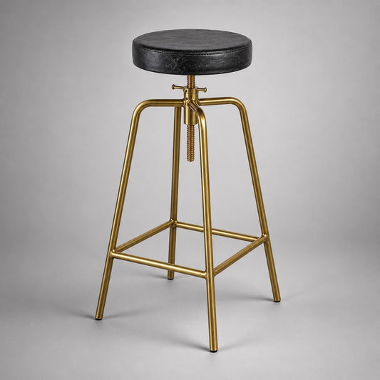 Patinated Brass & Black Leather Adjustable Industrial Bar Stool