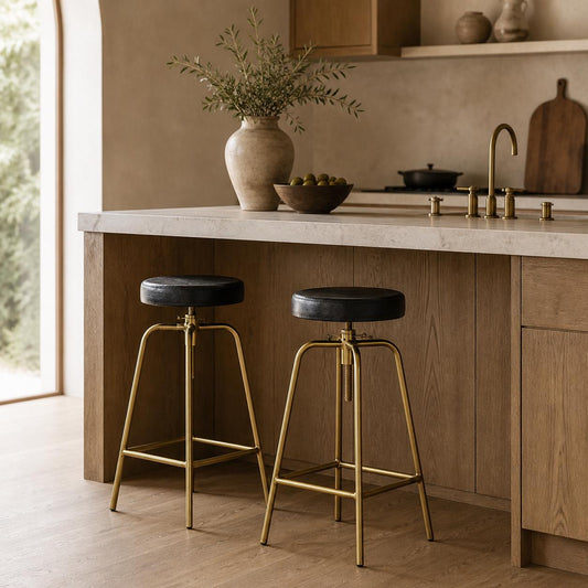 Patinated Brass & Black Leather Adjustable Industrial Bar Stool