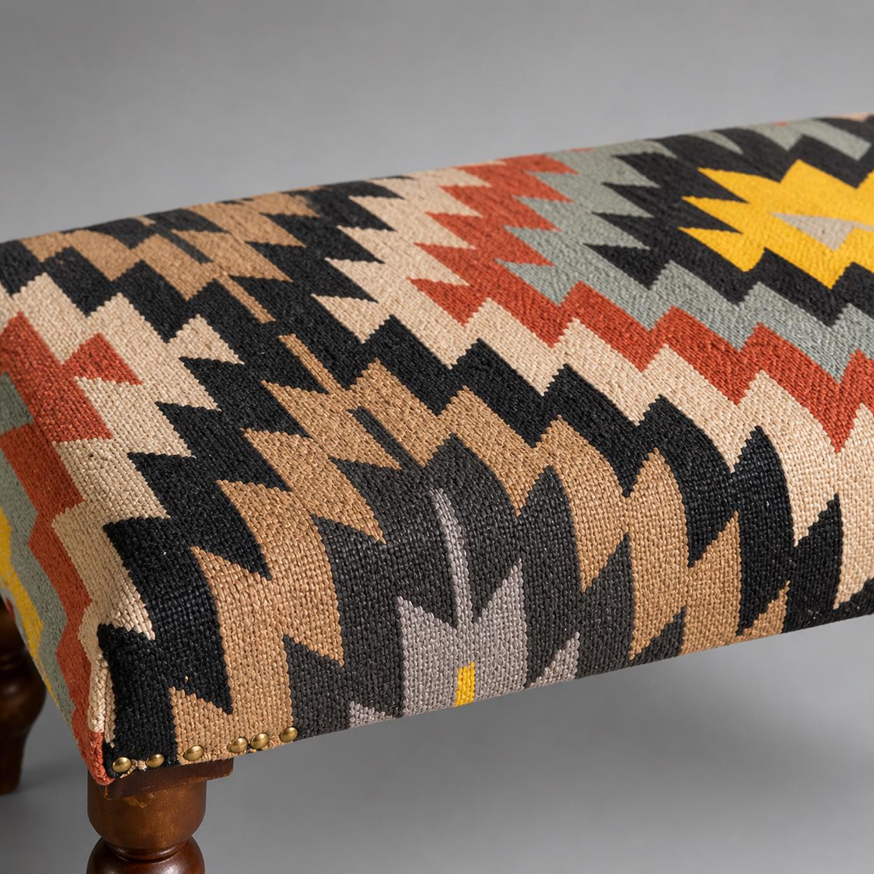 Geometric Kilim Ottoman Bench Stool | Handwoven Wool & Cotton | 121cm