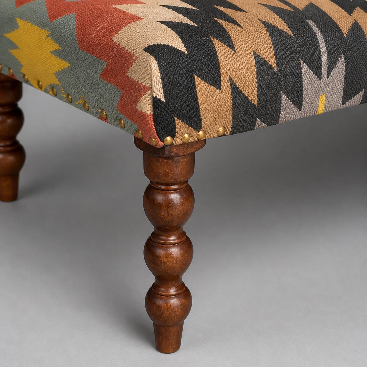 Geometric Kilim Ottoman Bench Stool | Handwoven Wool & Cotton | 121cm