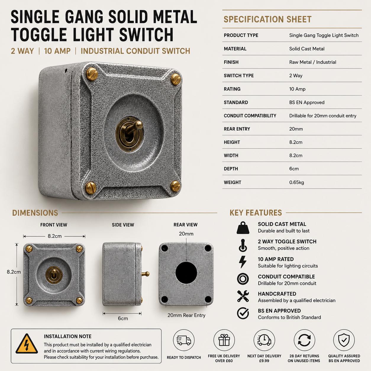 Single Gang Solid Cast Metal Toggle 2 Way Light Switch – Industrial Conduit