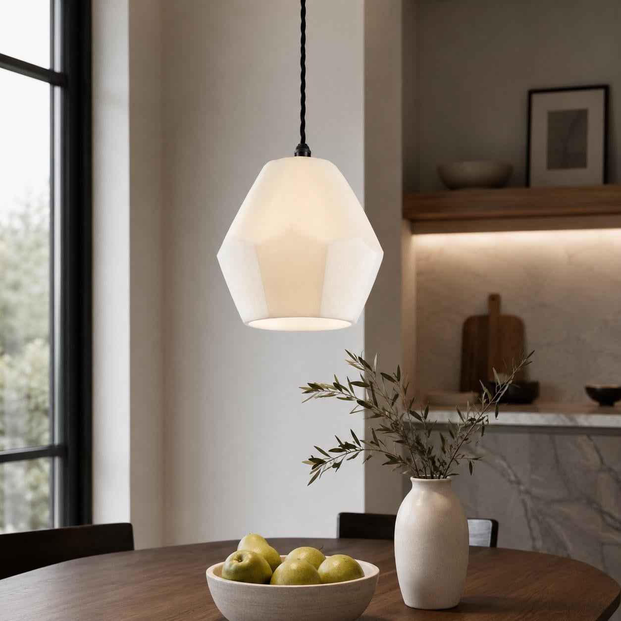 White Opal Geometric Glass Pendant Light | Faceted Ceiling Shade