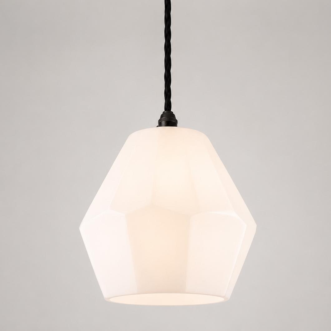 White Opal Geometric Glass Pendant Light | Faceted Ceiling Shade