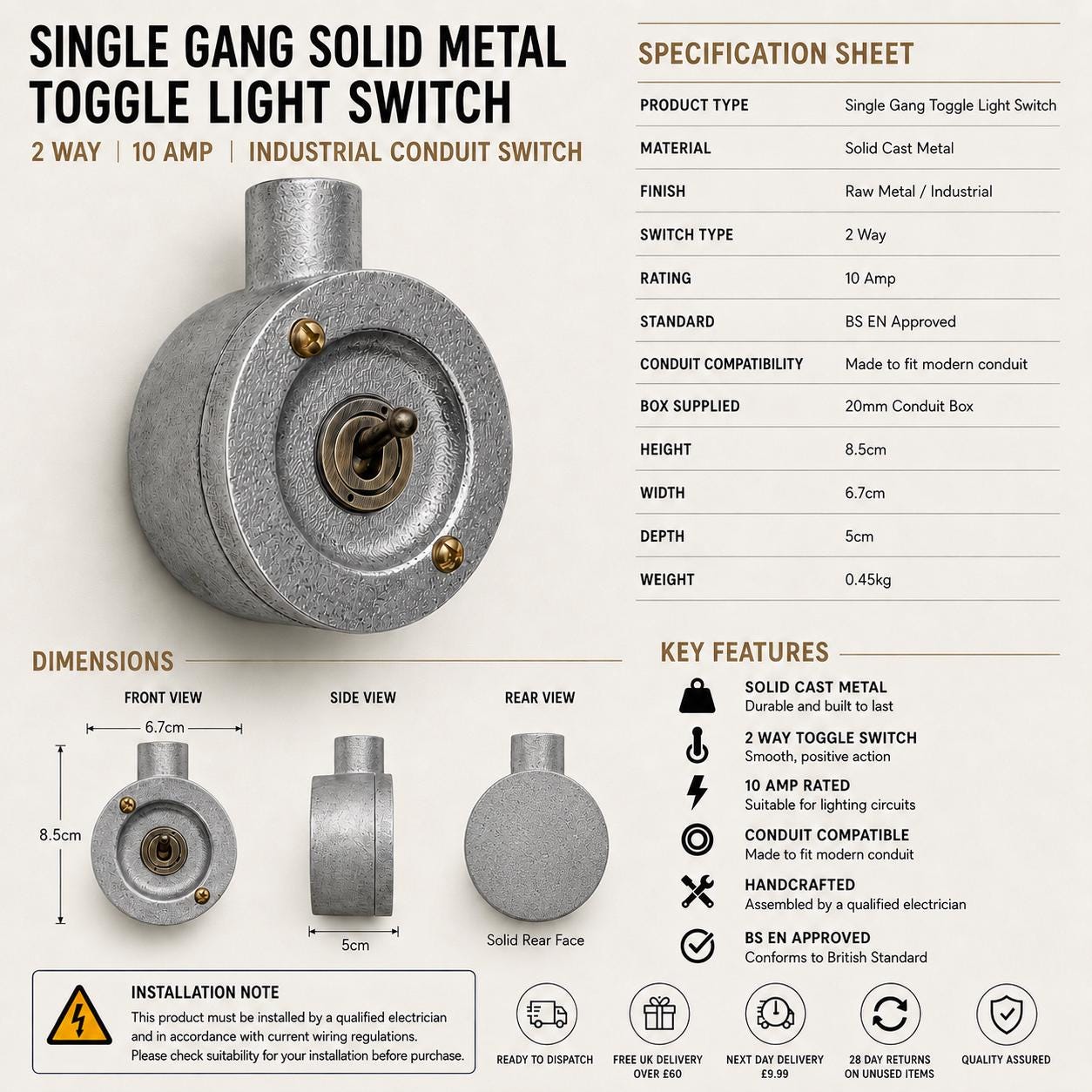 Single Gang Metal Conduit Light Switch | 2 Way Industrial Vintage Style