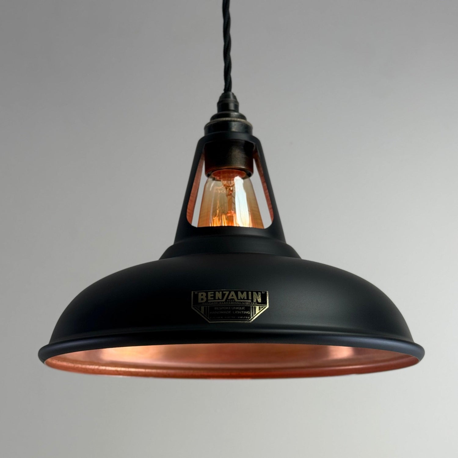 Cawston - Matt Black & Antique Copper Lampshade Slotted Design Pendant Light *Pre Order* - 11 Inch