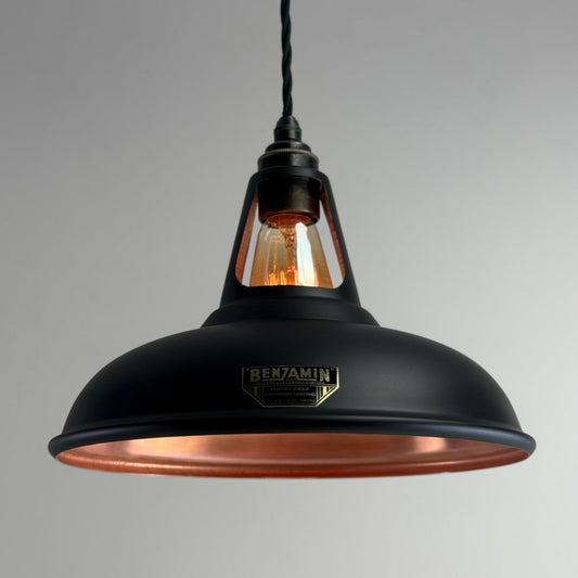 Cawston - Matt Black & Antique Copper Lampshade Slotted Design Pendant Light *Pre Order* - 11 Inch