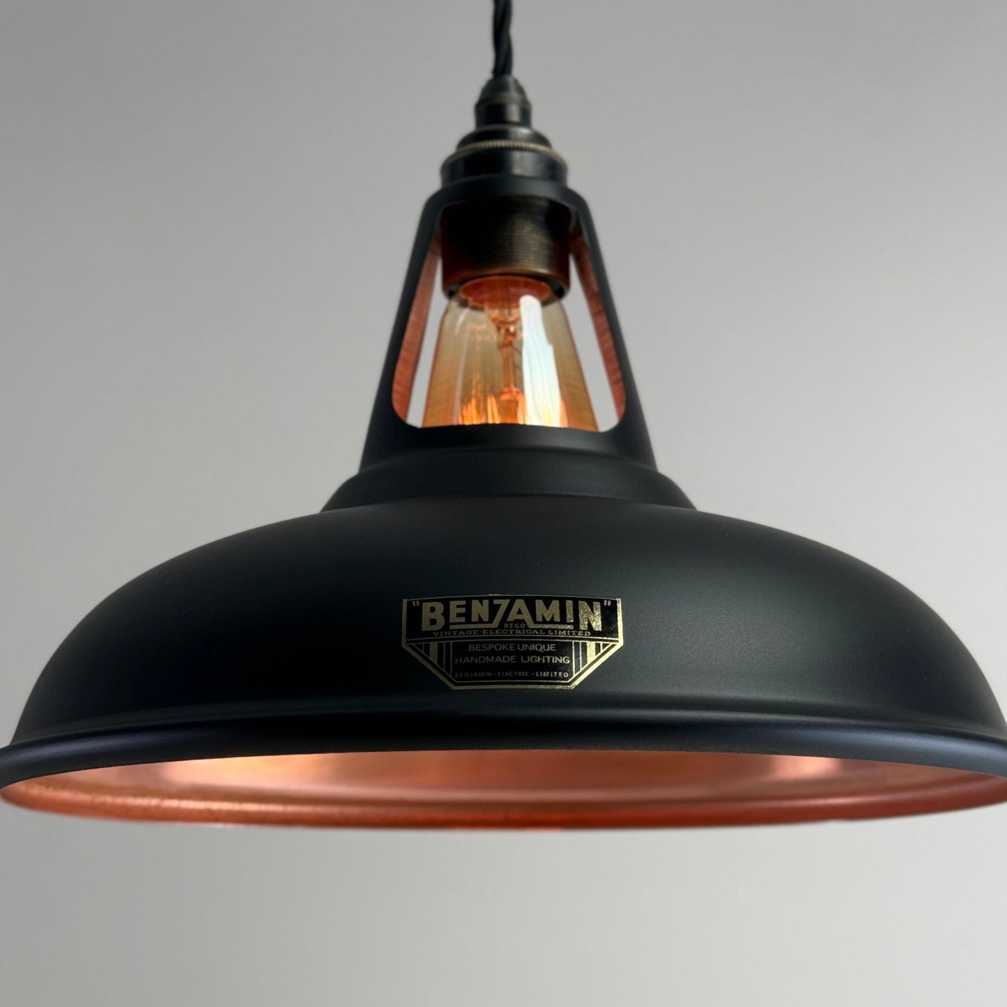 Cawston - Matt Black & Antique Copper Lampshade Slotted Design Pendant Light *Pre Order* - 11 Inch