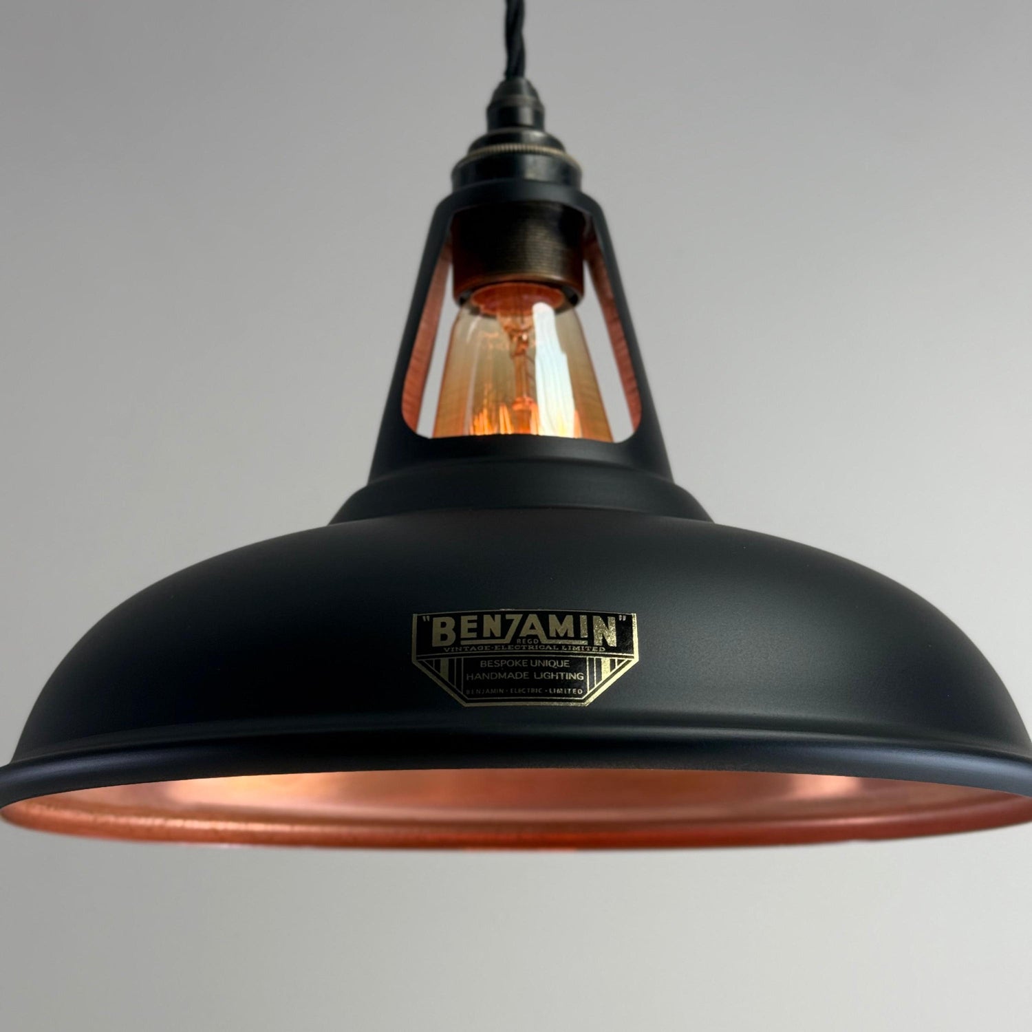 Cawston - Matt Black & Antique Copper Lampshade Slotted Design Pendant Light *Pre Order* - 11 Inch