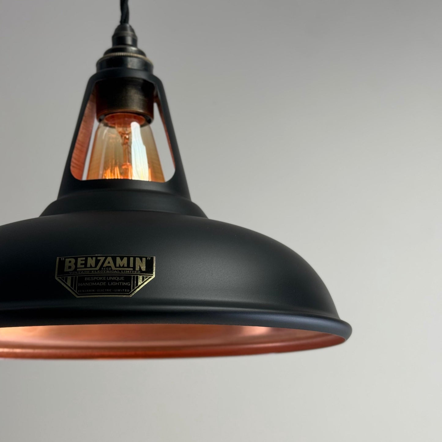 Cawston - Matt Black & Antique Copper Lampshade Slotted Design Pendant Light *Pre Order* - 11 Inch