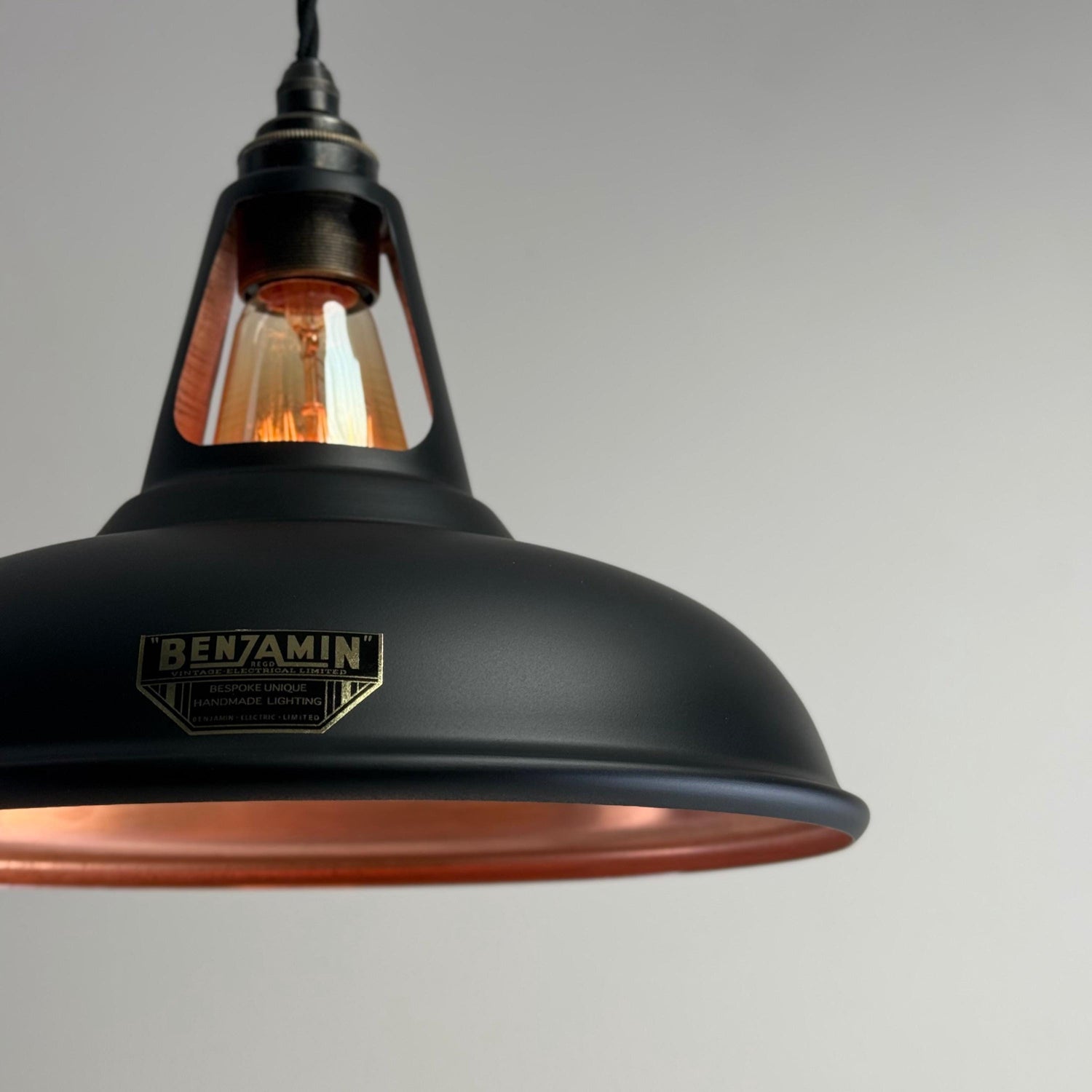 Cawston - Matt Black & Antique Copper Lampshade Slotted Design Pendant Light *Pre Order* - 11 Inch