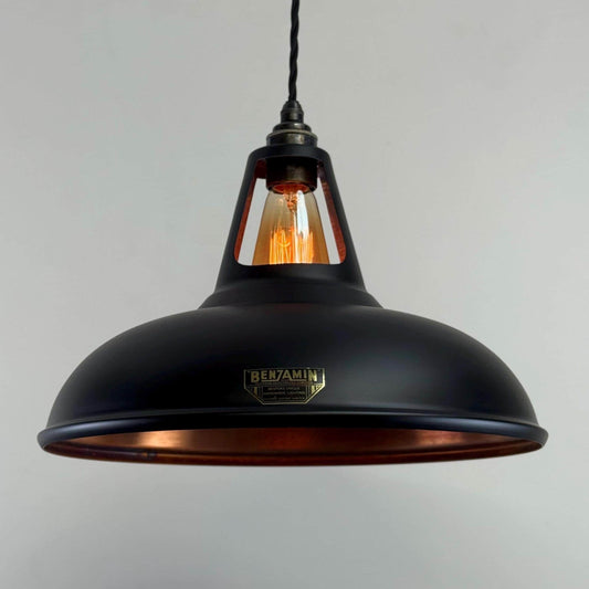 Cawston XL ~ Matt Black & Antique Copper Lampshade Slotted Design Pendant Ceiling Light ~ 14 Inch