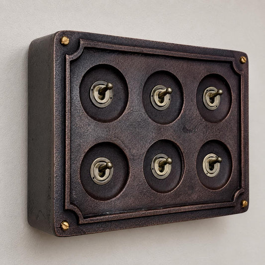 6 Gang 2 Way Antique Copper Toggle Light Switch | Solid Cast Metal Conduit Style