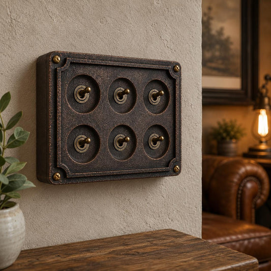 6 Gang 2 Way Antique Copper Toggle Light Switch | Solid Cast Metal Conduit Style