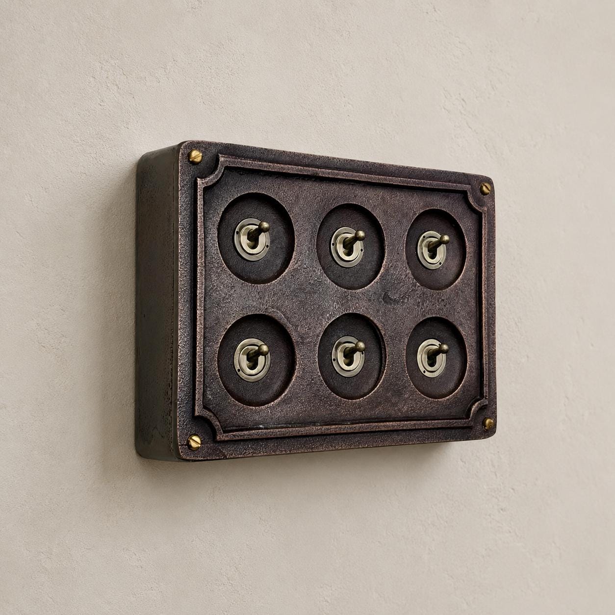 6 Gang 2 Way Antique Copper Toggle Light Switch | Solid Cast Metal Conduit Style