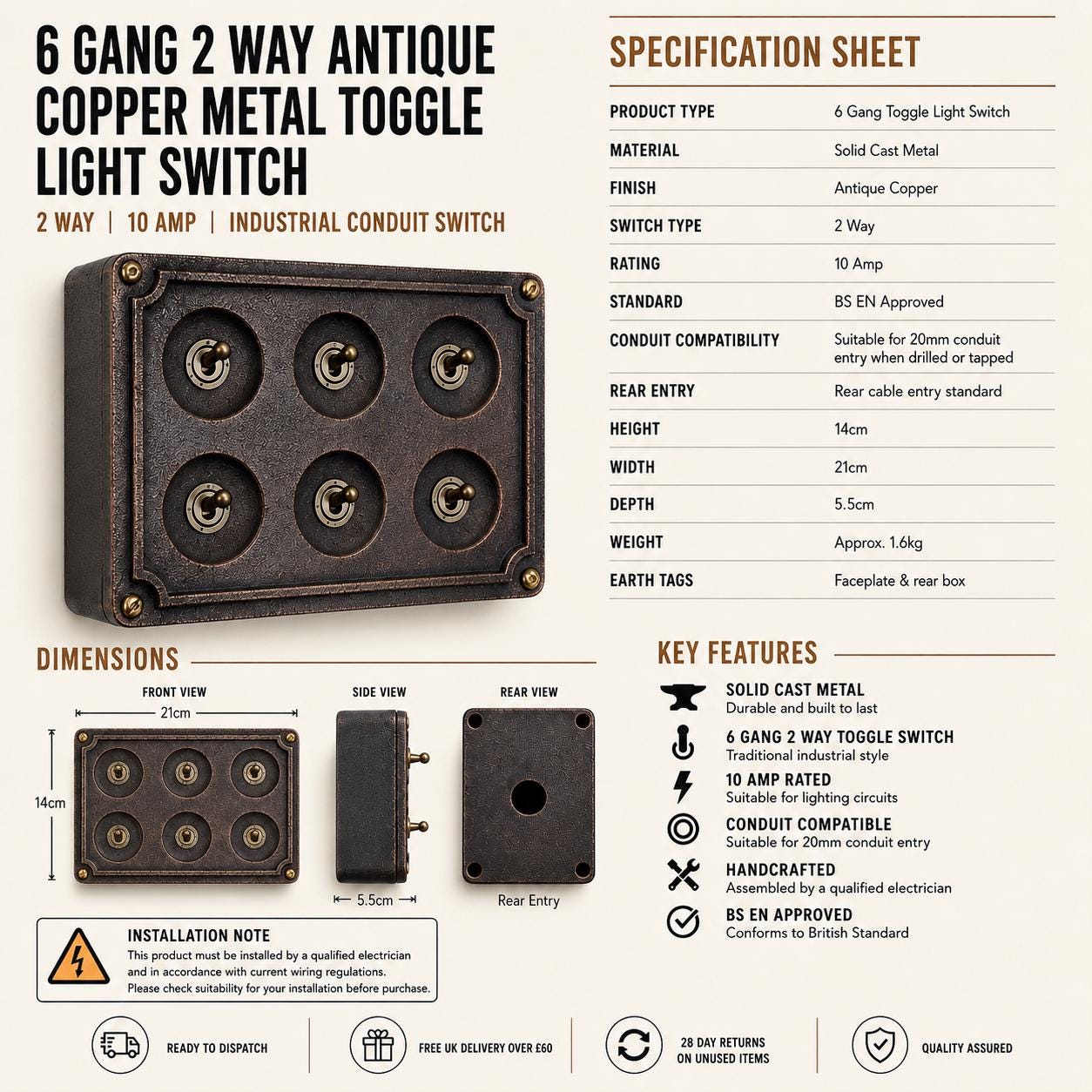 6 Gang 2 Way Antique Copper Toggle Light Switch | Solid Cast Metal Conduit Style