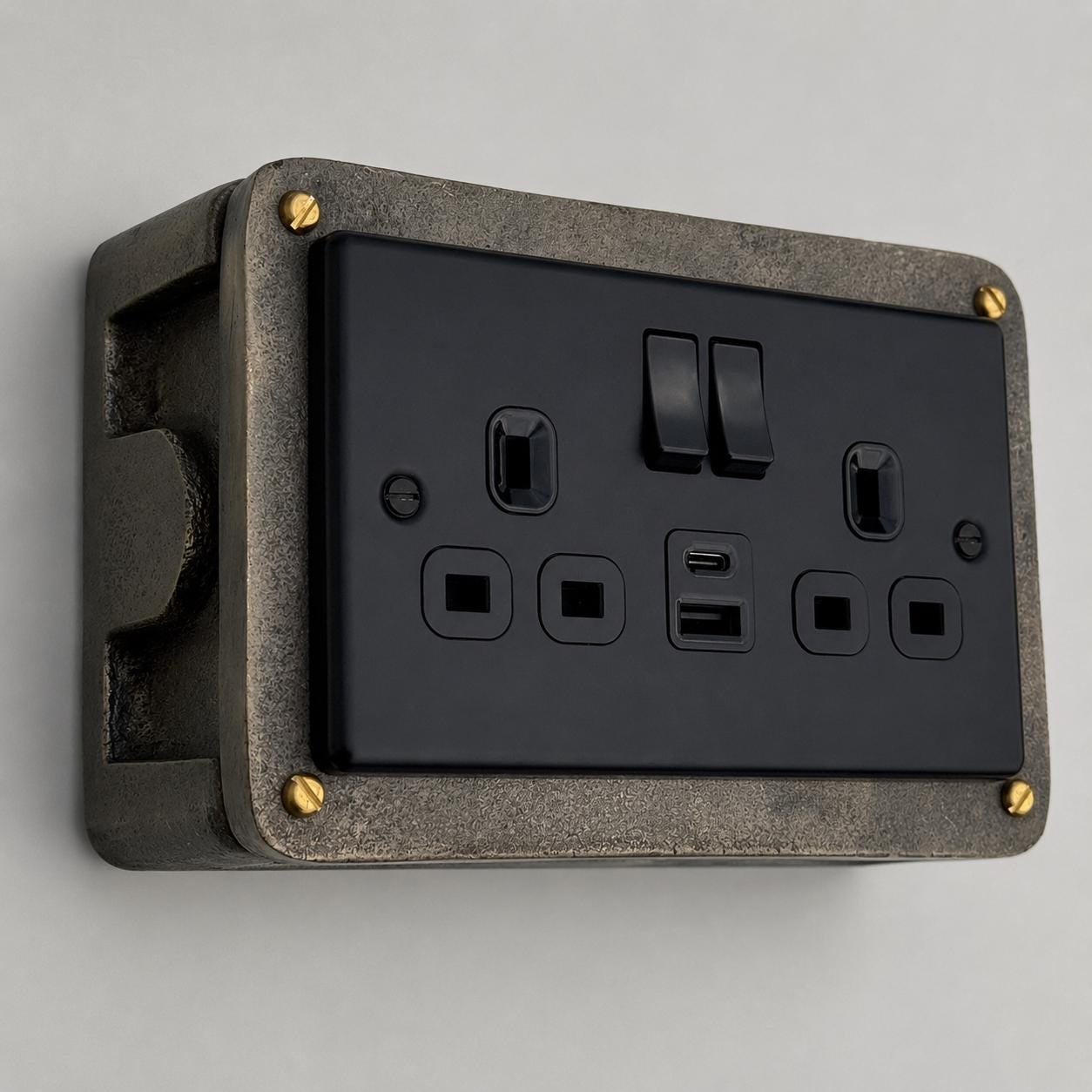 Matt Black Double Gang Plug Socket with Industrial Antique Brass Back Conduit Box