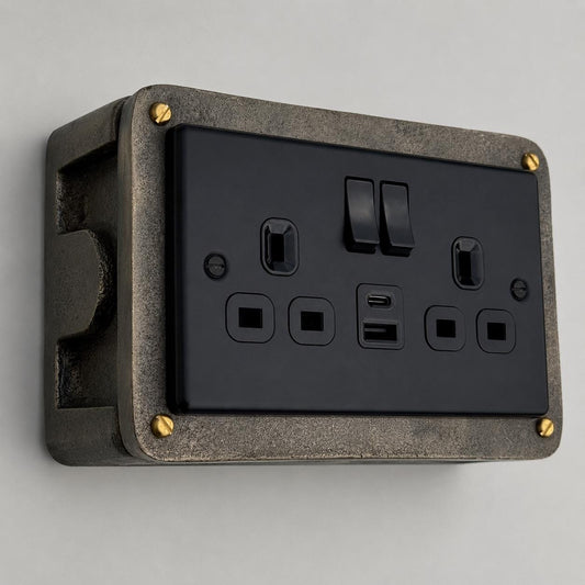 Matt Black Double Gang Plug Socket with Industrial Antique Brass Back Conduit Box