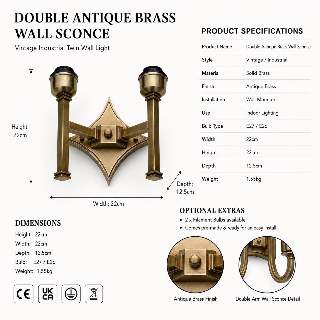 Double Antique Brass Wall Sconce Wall Light | Vintage Industrial 2 Arm