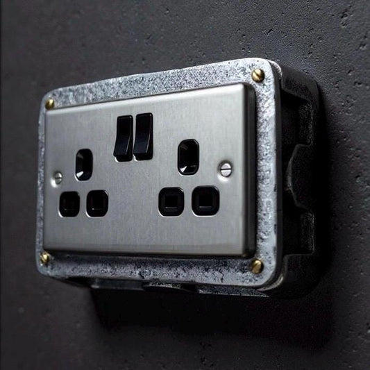 Brushed Steel Double Switched 13A Power Socket 230V 2 Gang 2G Socket Cast Metal Conduit Switch Industrial - BS EN Approved Vintage