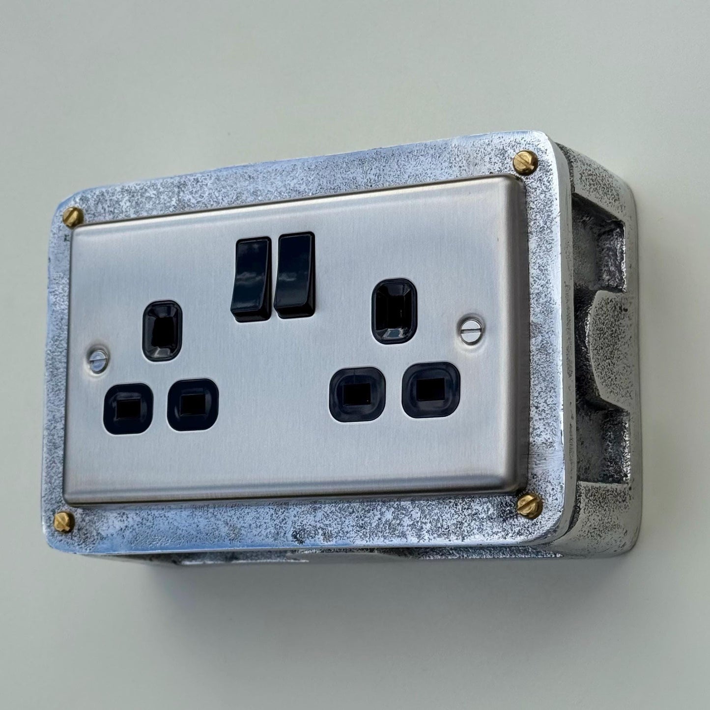 Brushed Steel Double Switched 13A Power Socket 230V 2 Gang 2G Socket Cast Metal Conduit Switch Industrial - BS EN Approved Vintage