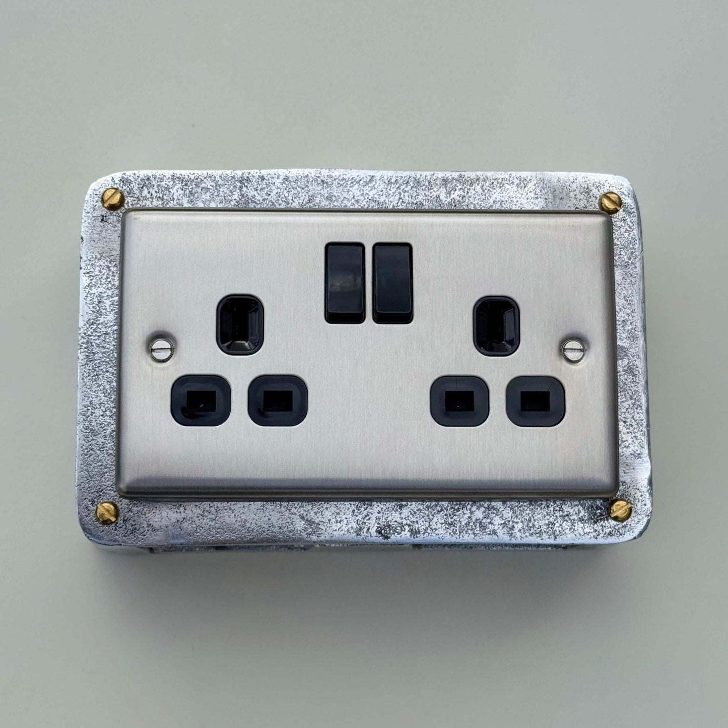 Brushed Steel Double Switched 13A Power Socket 230V 2 Gang 2G Socket Cast Metal Conduit Switch Industrial - BS EN Approved Vintage