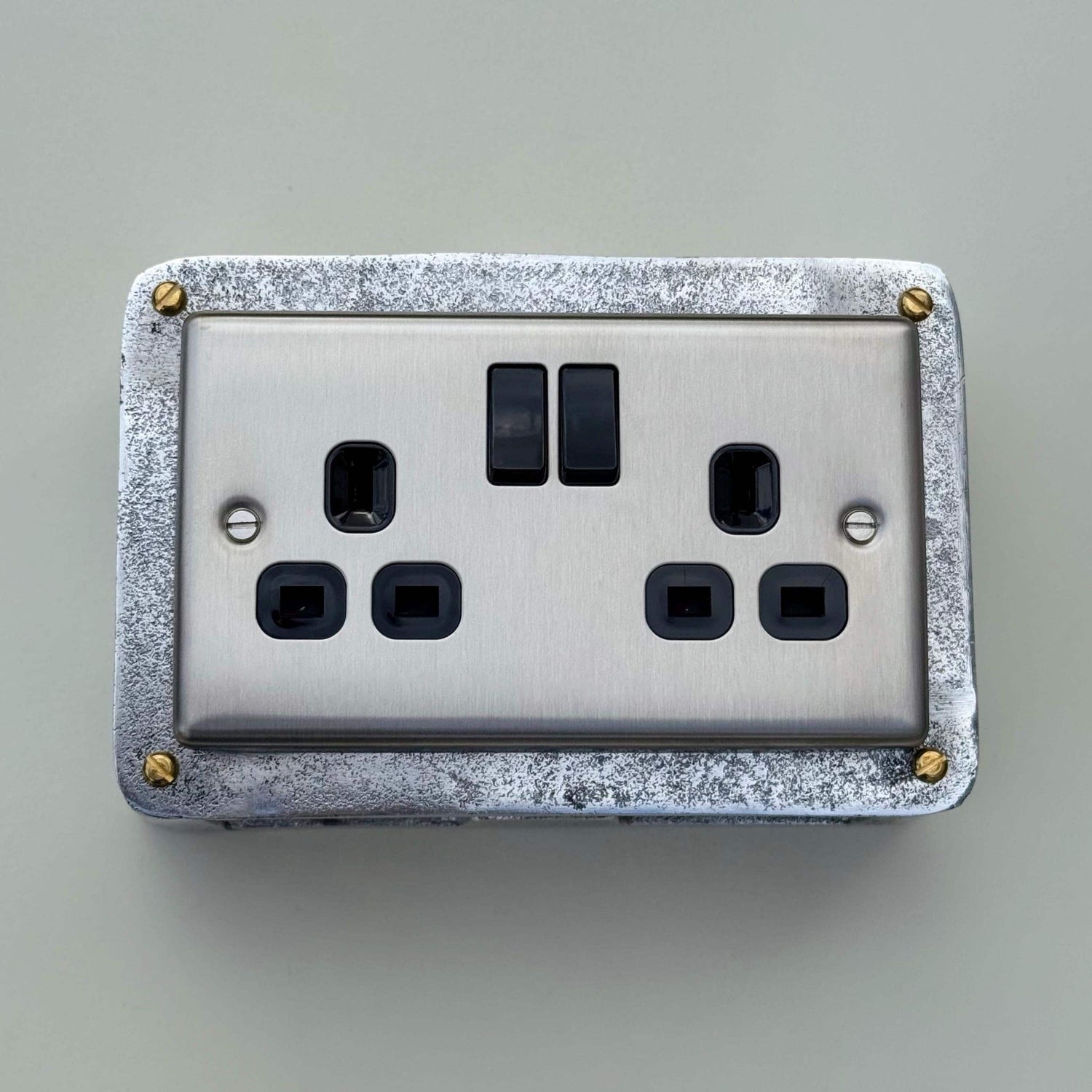 Brushed Steel Double Switched 13A Power Socket 230V 2 Gang 2G Socket Cast Metal Conduit Switch Industrial - BS EN Approved Vintage