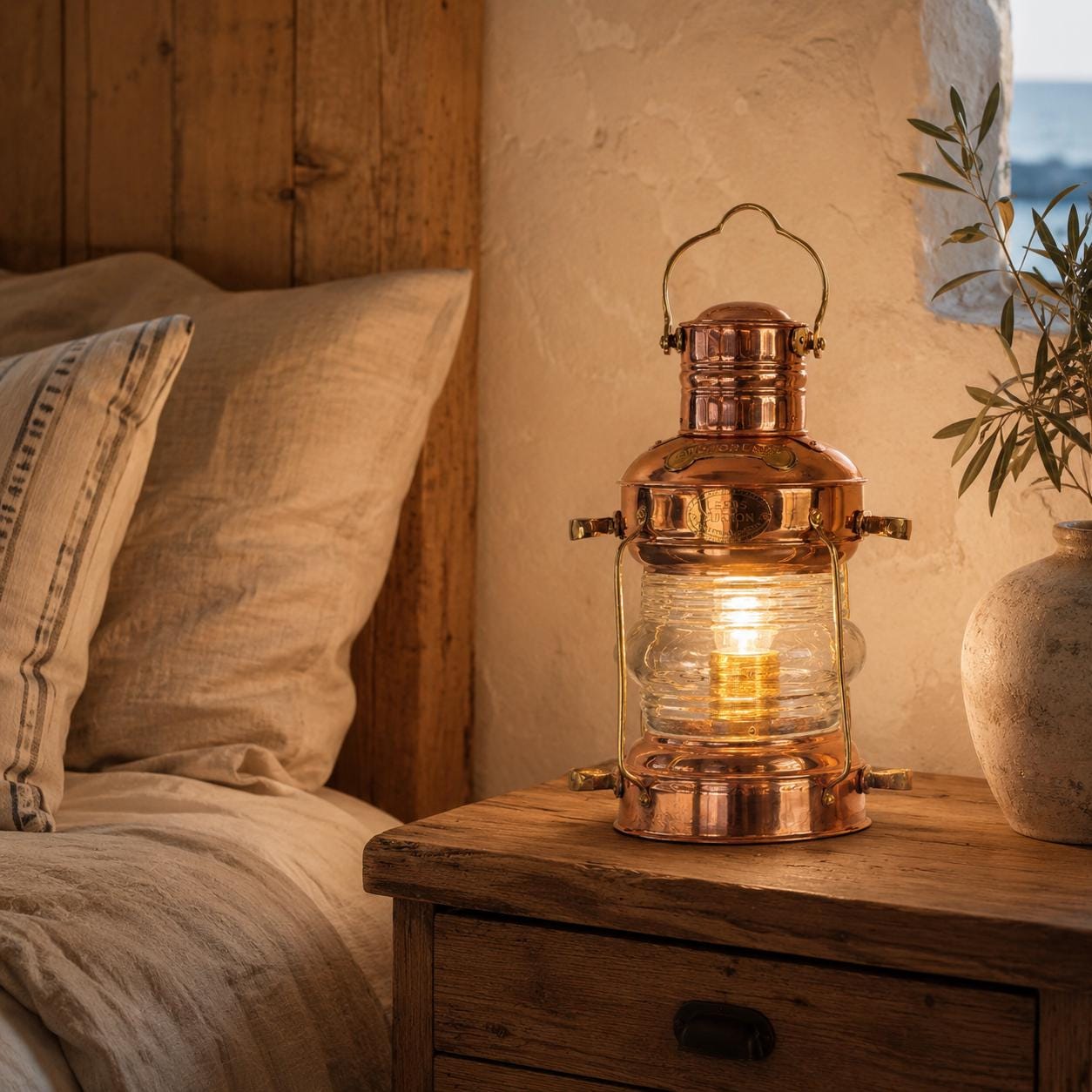 Solid Copper & Brass Nautical Anchor Table Lamp | Maritime Ship Lantern